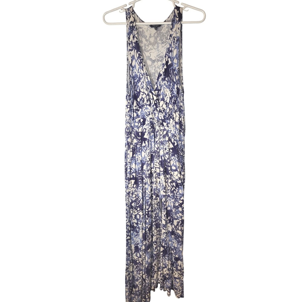 Peter Som Indigo White Abstract Print Maxi Dress XL Pockets Slit Resortwear Boho